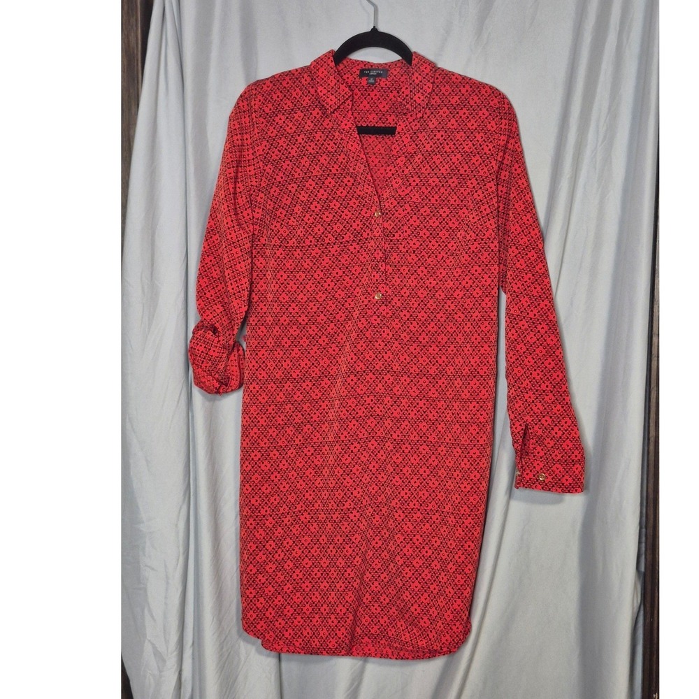The Limited Womens Red Black Geometric Print Roll Tab Long Sleeve Shirt Dress